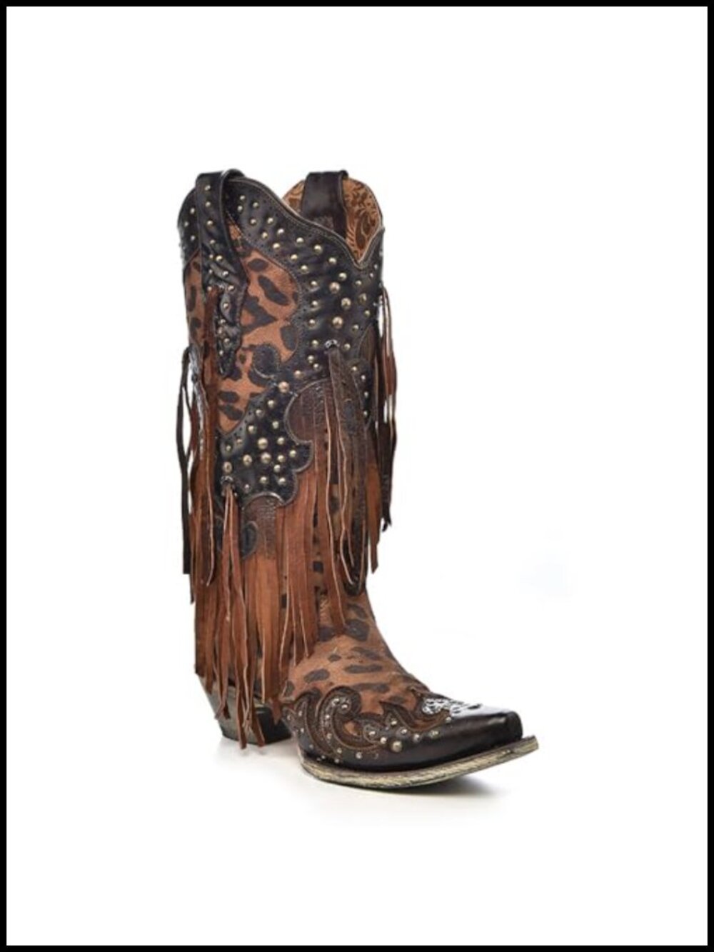 Handcrafted Western Boots Leopard Fringe Snip Toe 13in Shaft